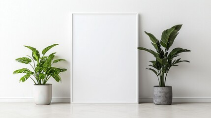 White Frame Mockup with Two Potted Plants Stylish Home Decor and Interior Design