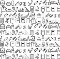 Uniformly Arranged School Supplies and Stationery Outlined in Black and White