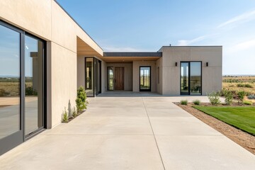 Modern Beige House Exterior with Concrete Patio and Large Windows