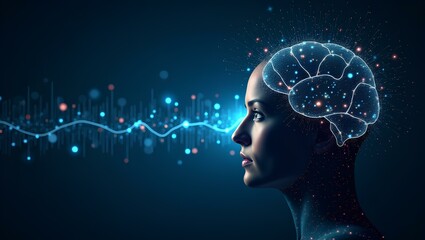 Mindful Interface: A digital rendering captures the essence of human intellect. A woman's profile merges seamlessly with a luminescent brain, symbolizing thought and connection.