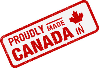made in canada stamp , A red and white label that reads proudly made in canada with maple leaf icon