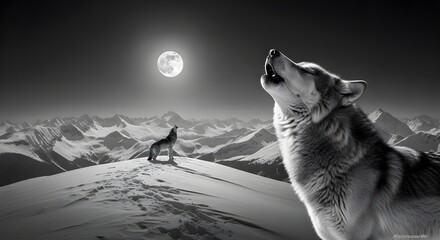 Majestic wolf howling under a bright full moon in a monochrome landscape, creating a serene atmosphere of natural beauty.