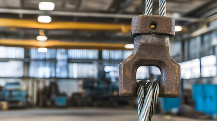 Rusty metal clamp holding steel cable in industrial warehouse with blurred background and warm lighting
