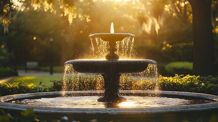 Tranquil view of a park fountain surrounded by greenery, with golden sunlight glimmering off the water droplets.
