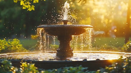 Tranquil view of a park fountain surrounded by greenery, with golden sunlight glimmering off the water droplets.