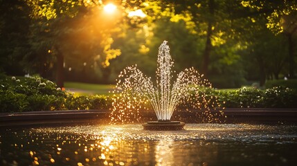 Tranquil view of a park fountain surrounded by greenery, with golden sunlight glimmering off the water droplets.