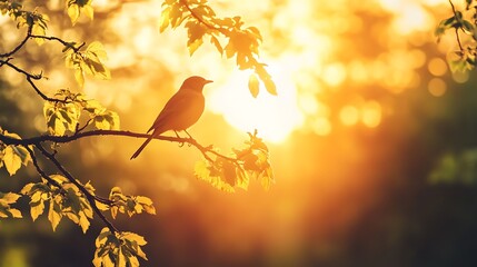 Bird perched on a tree branch, silhouetted against the golden glow of the rising sun in a quiet park.