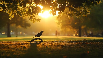Bird perched on a tree branch, silhouetted against the golden glow of the rising sun in a quiet park.