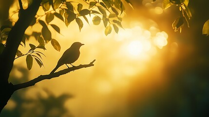 Bird perched on a tree branch, silhouetted against the golden glow of the rising sun in a quiet park.