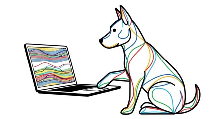 A creative illustration of a dog interacts with a laptop, showcasing the intersection of technology and animal companionship, symbolizing the innovative spirit.