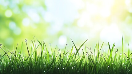 Close-up of fresh grass with morning dew drops sparkling under the soft sunlight in a serene park setting.