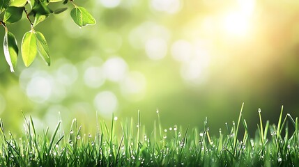 Close-up of fresh grass with morning dew drops sparkling under the soft sunlight in a serene park setting.