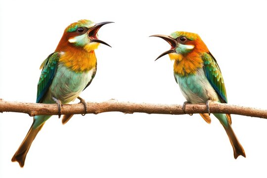 Bee-eater birds express anger while vocalizing loudly at their neighbor perched nearby, bee-eater gets angry and yells at a neighbor on the branch