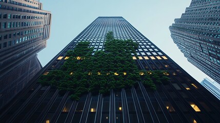 Conceptual design of a corporate building surrounded by a digital overlay of ESG indicators and nature symbols, emphasizing corporate sustainability.