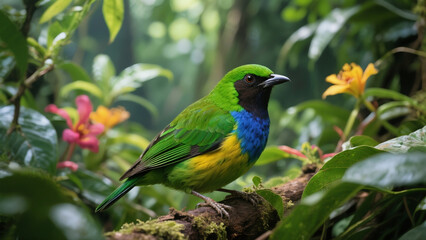 Obraz premium Green-headed Tanager bird resting among the tropical foliage in a Brazilian rainforest