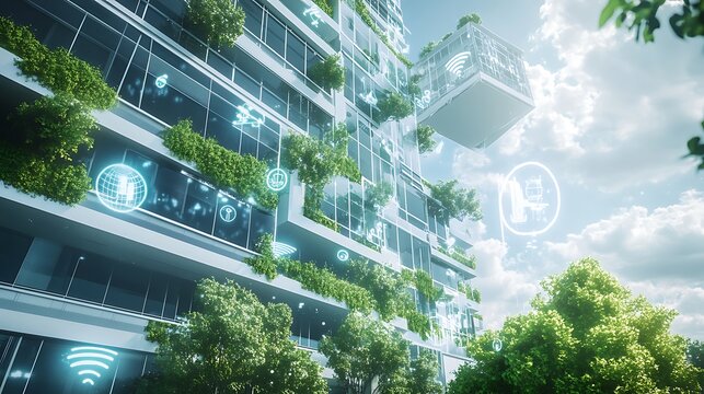 Conceptual design of a corporate building surrounded by a digital overlay of ESG indicators and nature symbols, emphasizing corporate sustainability.