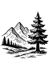 Obraz premium Black and white mountain landscape with forest view. Ideal for engraving, laser cutting, prints, logos, and creative illustrations
