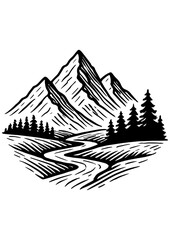 Fototapeta premium Black and white mountain landscape with forest and winding path. Perfect for engraving, prints, logos, and creative illustrations