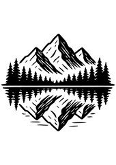 Fototapeta premium Black and white vector of a mountain and forest landscape with a lake reflecting trees and peaks. Perfect for engraving and creative projects