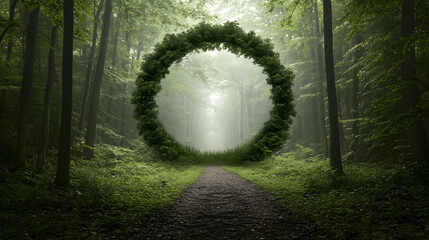 Foggy forest path leads to mysterious circular arch made of green foliage, creating surreal and enchanting atmosphere in dense woodland. scene feels magical and serene