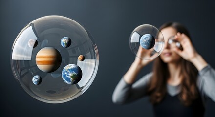 Planets in bubbles, galaxy, cosmos, cosmos inside bubble with women in background, exploration of space.
