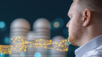Man Contemplating Future Technologies with Abstract Data Connections
