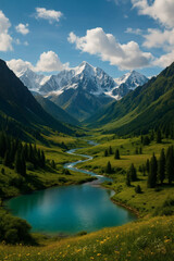 Scenic valley landscape with snow-capped mountains, winding river, and turquoise lake under a blue sky with fluffy clouds.