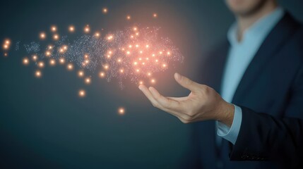 Man in Suit Releasing Sparkling Light Particles from Hand