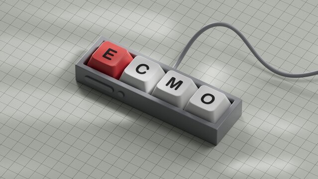 The word ecmo is written on Computer keyboard keys . Medical concept.close up of Computer keyboard keys,Business Concept.3D rendering on white background.