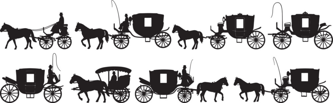 Vintage horse carriage silhouette vector illustration antique transportation design element set