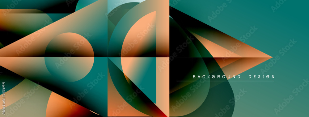 Poster abstract geometric shapes, gradients, teal, orange hues create dynamic visual effect. modern design 