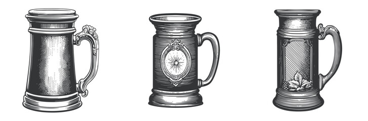 Vintage Engraving of Classic Beer Mugs in Detailed Illustration Style