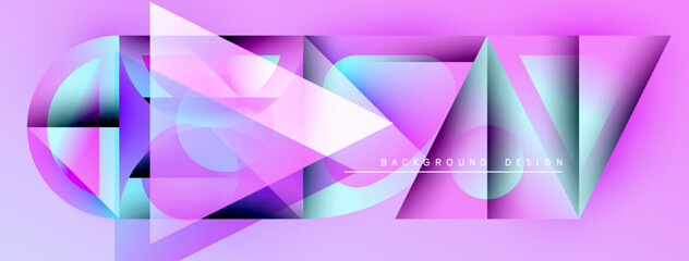 Abstract geometric shapes, vibrant colors, pinks, blues, purples. Modern design elements create dynamic visual texture.