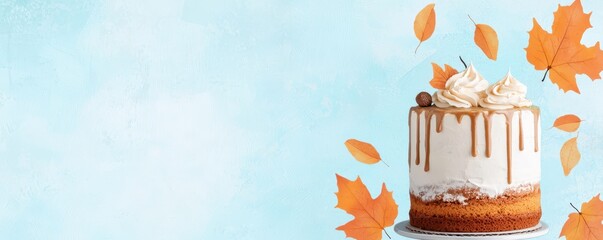 cake frosting minimalist concept. Delicious cake adorned with autumn leaves against a soft blue background.