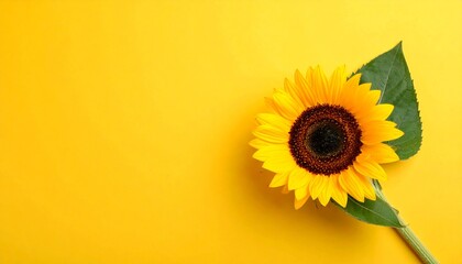 A sunflower against a yellow wall with a green foliage