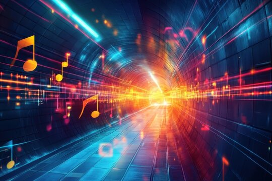Vibrant abstract music background with neon tunnel and dynamic sound waves at night, abstract music background neon tunnel - Powered by Adobe