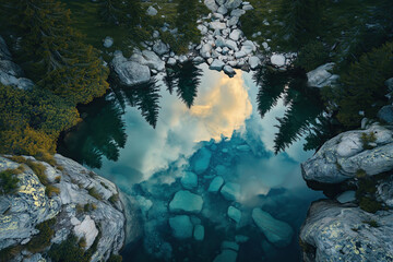 landscape with alpine lake reflecting trees and clouds in the sky, colorful nature, photorealistic