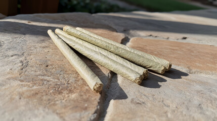 Pre rolled cigarettes lying on natural stone surface with sunlight casting soft shadows, showcasing texture of paper and stone in calm outdoor setting