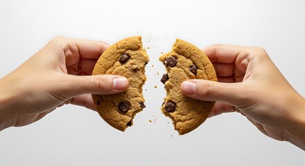 Two hands breaking a delicious chocolate chip cookie in half, with crumbs scattering, isolated on a clean white or light grey background. 