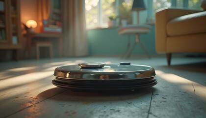 An automated robotic vacuum cleaner navigates a living room, efficiently cleaning the floor and ensuring a tidy environment.