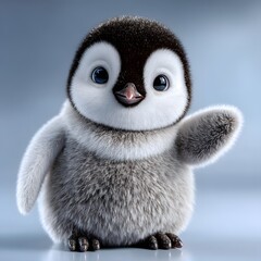 Fototapeta premium Adorable fluffy penguin chick waving hello with big blue eyes on
