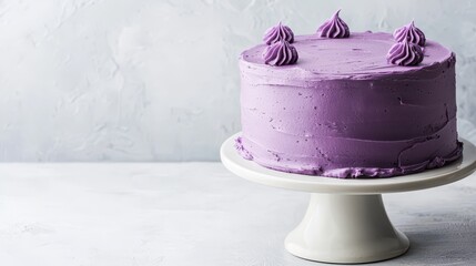 cake frosting minimalist concept. Purple cake with decorative frosting on a white pedestal against a textured background.
