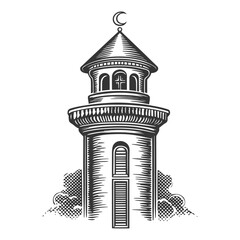 Obraz premium Vintage Engraving of a Tower with Crescent Moon Design