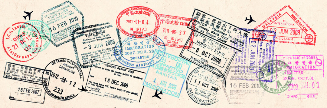Passport visas stamps on sepia textured, vintage travel collage background