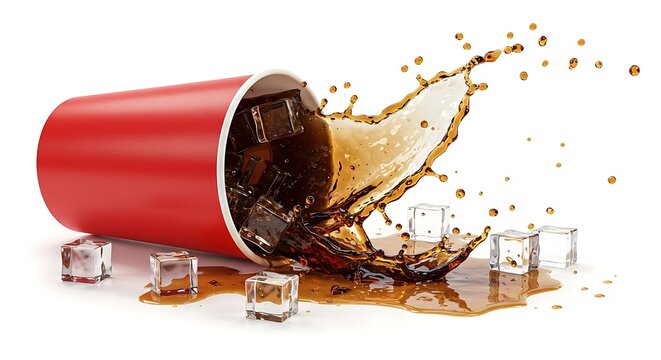 A dramatic action shot captures the moment a red disposable party cup topples over, spilling its contents of dark cola or soda and numerous ice cubes across a pristine white studio background.