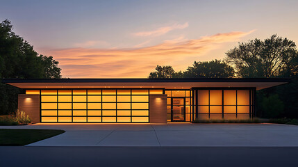Minimalist garage with an industrial design, featuring exposed steel beams, a polished concrete driveway, and a picturesque sunset in the distance.