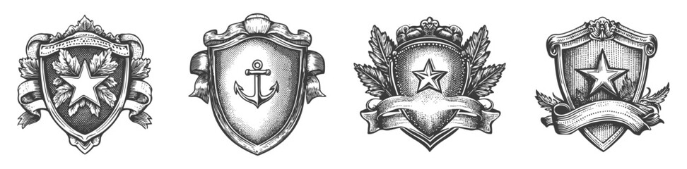 Obraz premium Vintage Engravings of Decorative Shields and Emblems for Illustrations