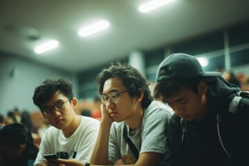 Engaged Students: Three Individuals Looking at a Phone in a Classroom Setting.