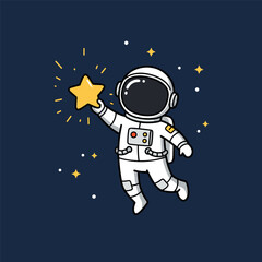 A cartoon astronaut holding a bright yellow star in their right hand while floating