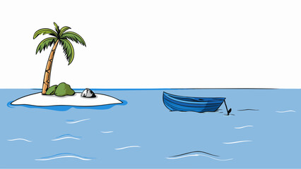 Fototapeta premium Tropical island with palm tree and blue boat in calm water 
